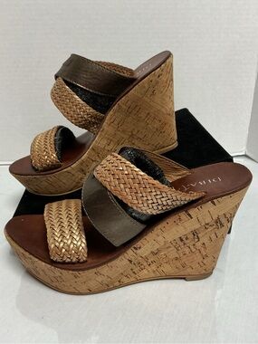 Diba True Braided Leather Cork Wedge Slide Sandals Tan Bronze Women’s Size 6.5